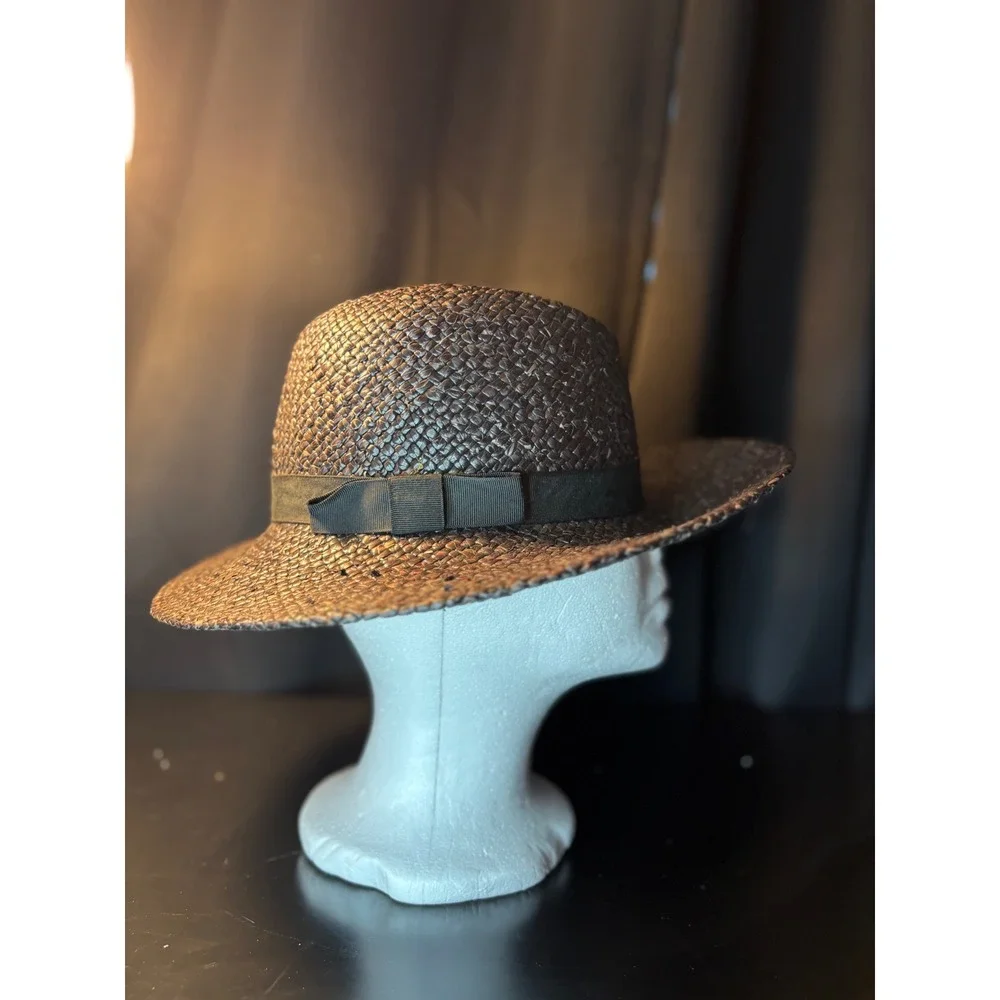 Classic Woven Straw Fedora Hat Dark Brown Grosgrain Ribbon Bow Sun Hat